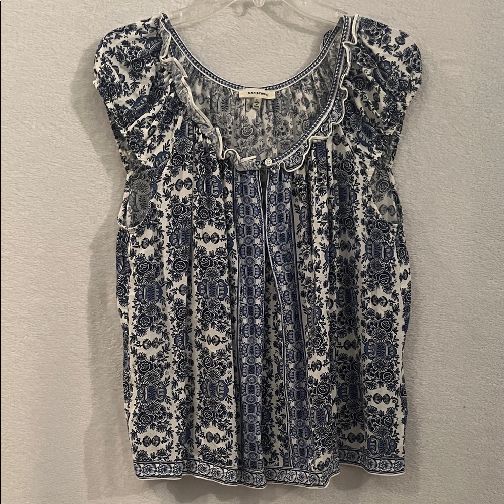 Max Studio Navy and White Floral Blouse